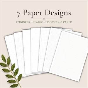 Seven printable technical paper designs including engineering paper, hexagon paper and isometric paper with multiple grid sizes for technical drawing, engineering, architecture and design.