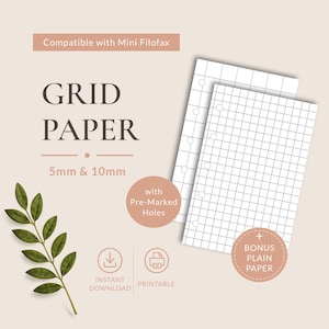 Könnte beinhalten: Zwei Blatt weißes kariertes Papier mit vorgestanzten Löchern, kompatibel mit Mini Filofax. Der Text lautet: Compatible with Mini Filofax, GRID PAPER, 5mm & 10mm, with Pre-Marked Holes, INSTANT DOWNLOAD, PRINTABLE und + BONUS PLAIN PAPER.
