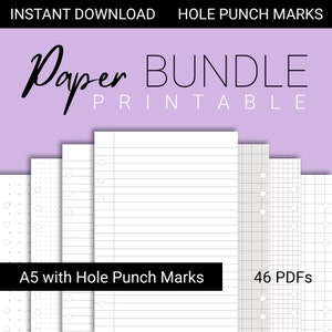 A5 Printable Paper + Hole Punch Marks | Printable Lined Paper | Printable Graph Paper | Dot Grid Paper | Filofax A5 | Planner Inserts A5