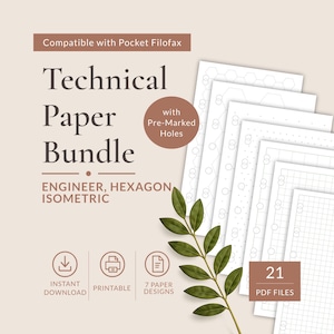 May include: A technical paper bundle for Pocket Filofax featuring 21 PDF files with 7 paper designs including engineer, hexagon, and isometric grids. The white pages have pre-marked holes and are displayed with a green leaf sprig illustration.