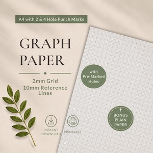 May include: A4 graph paper with 2mm grid and 10mm reference lines, featuring pre-marked holes for 2 and 4 hole punches. The design includes text stating A4 with 2 & 4 Hole Punch Marks, Graph Paper, 2mm Grid, 10mm Reference Lines, Instant Download, Printable, with Pre-Marked Holes, and Bonus Plain Paper.