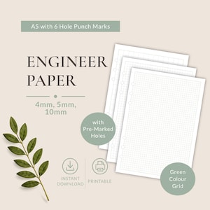 Può includere: Una pila di fogli di carta da ingegnere A5 bianchi con una griglia verde e sei posizioni pre-marcate per la perforazione. Il testo recita Engineer Paper, 4mm, 5mm, 10mm, A5 with 6 Hole Punch Marks, with Pre-Marked Holes, Instant Download, Printable.
