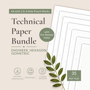 May include: A technical paper bundle featuring A4 sheets with 2 and 4 hole punch marks. The text reads Technical Paper Bundle, Engineer, Hexagon, Isometric, with Pre-Marked Holes, Instant Download, Printable, 7 Paper Designs, and 35 PDF Files.