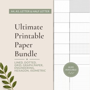 Printable paper bundle with hole punch guides, including lined, dot, grid, graph, engineering, hexagon and isometric paper designs for home printing.