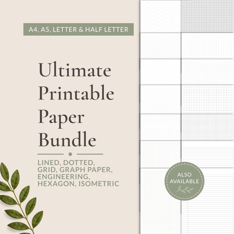Printable paper bundle with hole punch guides, including lined, dot, grid, graph, engineering, hexagon and isometric paper designs for home printing.