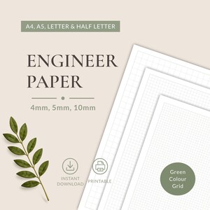 Könnte beinhalten: Ingenieurpapier mit grünem Raster, erhältlich in den Formaten A4, A5, Letter und Half Letter. Der Text lautet Engineer Paper, 4mm, 5mm, 10mm, Instant Download, Printable und Green Colour Grid. Eine grüne Blattillustration befindet sich links.