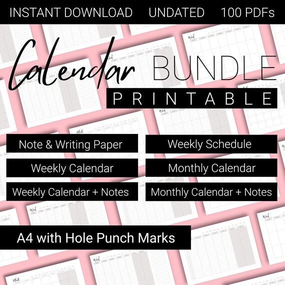 A4 Calendar Bundle Hole Punch Marks Printable Calendar Weekly Schedule  Monthly Calendar Undated Calendar Instant Download PDF - Etsy