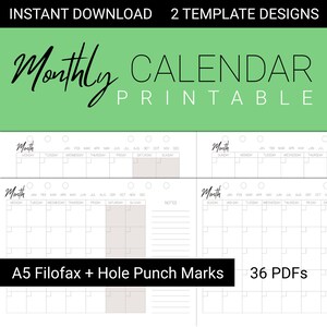 A5 Filofax Monthly Calendar Bundle + Hole Punch Marks | Printable Calendar | Undated | Monday & Sunday Start | Filofax A5 | Zip | Compact