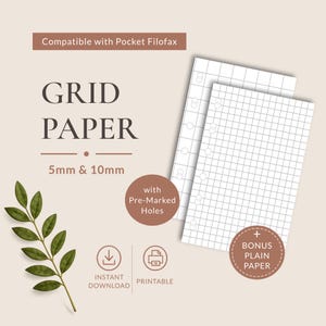 Op de afbeelding: Printbaar ruitjespapier voor Pocket Filofax planners, met 5mm en 10mm rasteropties en voorgemarkeerde gaten. De set bevat twee vellen wit ruitjespapier en een extra vel blanco papier. Tekst: Compatible with Pocket Filofax, GRID PAPER, 5mm & 10mm, with Pre-Marked Holes, INSTANT DOWNLOAD, PRINTABLE, + BONUS PLAIN PAPER.