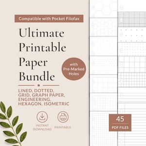 Puede incluir: Un paquete digital de papel imprimible para agendas Pocket Filofax, que incluye 45 archivos PDF con diseños rayados, punteados, cuadriculados, gráficos, de ingeniería, hexagonales e isométricos, todos con orificios premarcados.