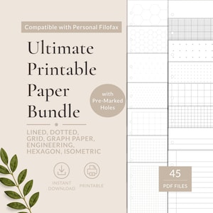 Peut inclure: Un ensemble numérique de papier imprimable pour les agendas Personal Filofax, comprenant 45 fichiers PDF avec des mises en page lignées, pointillées, quadrillées, graphiques, techniques, hexagonales et isométriques avec des trous pré-marqués.