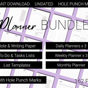 May include: A digital planner bundle with 162 printable PDFs. The bundle includes daily, weekly, and monthly planners, note paper, to-do lists, and list templates. The planners are designed for A5 size paper and have hole punch marks.
