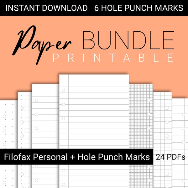 Filofax Personal Printable Paper + Hole Punch Marks | Printable Lined Paper | Graph Paper | Dot Grid Paper | Slim Compact Zip Clipbook