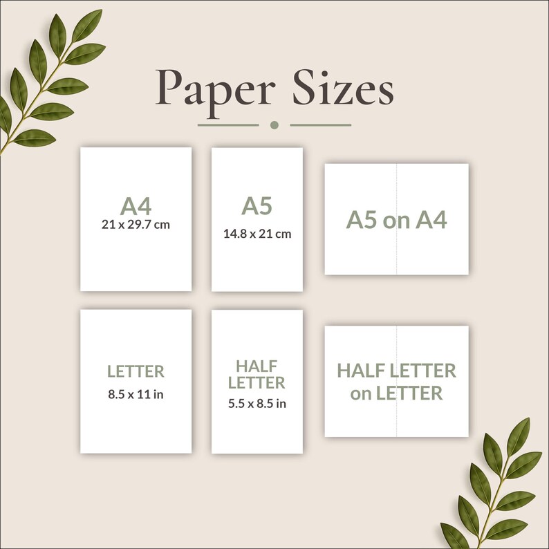Printable technical paper bundle available in A4, A5, US Letter and Half Letter sizes, including A5 on A4 and Half Letter on Letter pages with cutting guides.