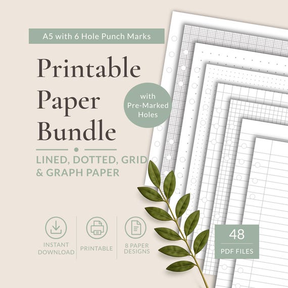 A5 Printable Paper Bundle | Lined, Dot, Grid, Graph Paper (Instant Download)