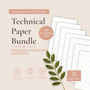 Printable Filofax Mini Technical Paper Bundle | Engineering Graph Paper 4mm 5mm 10mm | Hexagon & Isometric PDF Inserts