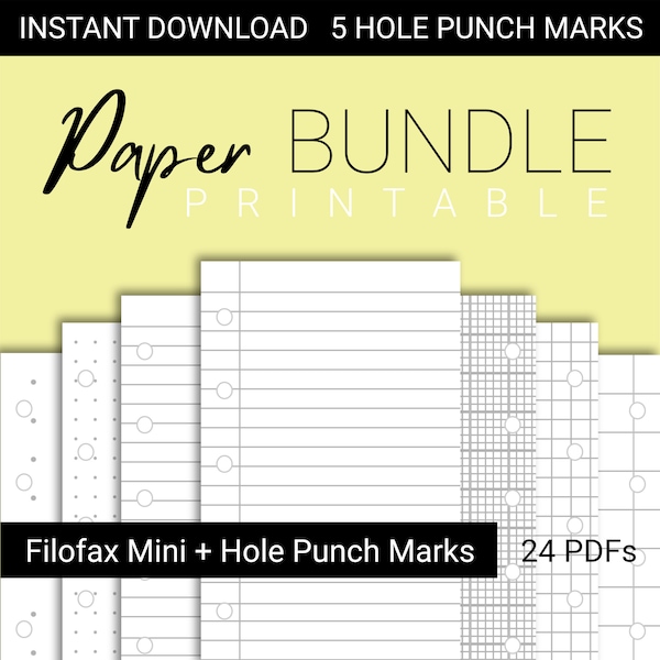 Filofax MINI Printable Paper + Hole Punch Marks | Printable Lined Paper | Printable Graph Paper | Dot and Grid Paper | Filofax Mino Refill