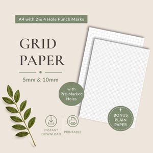 May include: A4 grid paper with 5mm and 10mm squares, featuring pre-marked holes for 2 and 4 hole punching. The document includes bonus plain paper, is printable, and available for instant download. Text includes: A4 with 2 & 4 Hole Punch Marks, GRID PAPER, 5mm & 10mm, with Pre-Marked Holes, + BONUS PLAIN PAPER, INSTANT DOWNLOAD, PRINTABLE.