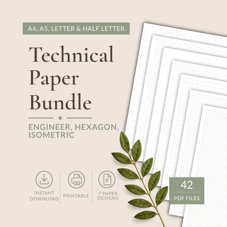 Technical paper printable PDF bundle including engineering paper, hexagon paper and isometric paper in 4mm, 5mm and 10mm grids. Instant digital download for A4, A5, US Letter and Half Letter sizes.