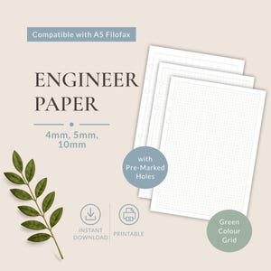 May include: A set of A5 Filofax compatible engineer paper sheets featuring a green grid pattern. The paper includes pre-marked holes for binding. Text on the image reads: Compatible with A5 Filofax, ENGINEER PAPER, 4mm, 5mm, 10mm, with Pre-Marked Holes, INSTANT DOWNLOAD, PRINTABLE, Green Colour Grid.