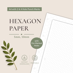 Könnte beinhalten: A4 Hexagon-Papier mit 2- und 4-Loch-Markierungen, mit 5mm und 10mm Rastergrößen. Das druckbare Dokument enthält vorgestanzte Lochmarkierungen. Das Design zeigt den Text HEXAGON PAPER, 5mm, 10mm und A4 with 2 & 4 Hole Punch Marks.