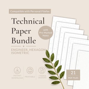May include: A Technical Paper Bundle for Personal Filofax featuring 21 PDF files with 7 paper designs including engineer, hexagon, and isometric grids. The printable pages are white with pre-marked holes for binding, displayed in a stack.