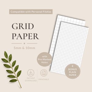 Pode incluir: Duas folhas de papel quadriculado branco com furos pré-marcados para um Filofax pessoal. O texto diz: Compatible with Personal Filofax, GRID PAPER, 5mm & 10mm, with Pre-Marked Holes, + BONUS PLAIN PAPER, INSTANT DOWNLOAD, PRINTABLE.