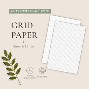 May include: Two sheets of white grid paper with thin grey lines, featuring text that reads A4, A5, LETTER & HALF LETTER, GRID PAPER, 5mm & 10mm, INSTANT DOWNLOAD, and PRINTABLE. A green leafy branch is positioned on the left side of the image.