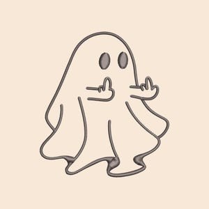 May include: A white ghost with two eyes and two arms raised in a middle finger gesture.