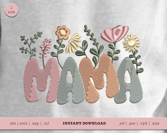 Mama Flower Embroidery File PES 4x4 hoop | Popular Mother's Day Trendy Embroidery Design Mama with Wild Flowers Digitized Design JEF