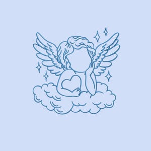 May include: A blue line art illustration of a cherub holding a heart while resting on a cloud. The cherub has wings and is surrounded by four diamond-shaped stars. The background is a light blue color.