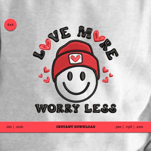 Love More Worry Less Face with Beanie Unisex Valentines Embroidery Design 4x4 |Machine Embroidery for Boys | Trendy Valentine's File