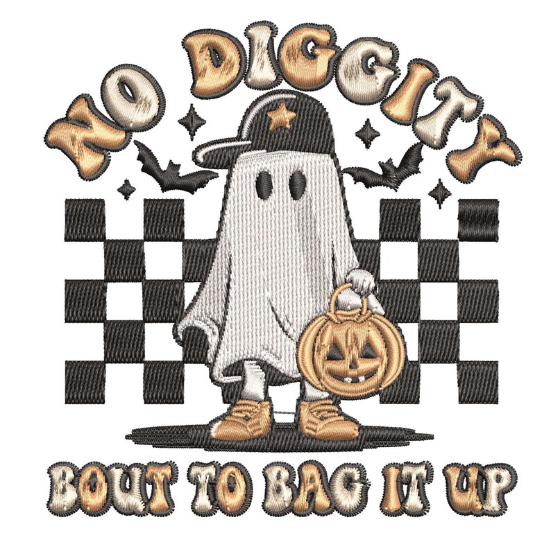 Peut inclure: Un fant&ocirc;me blanc portant une casquette de baseball noire avec une &eacute;toile dessus, tenant une citrouille d'Halloween. Le fant&ocirc;me se tient sur un fond &agrave; carreaux noir et blanc. Le texte "NO DIGGITY" est au-dessus du fant&ocirc;me et le texte "BOUT TO BAG IT UP" est en dessous du fant&ocirc;me.