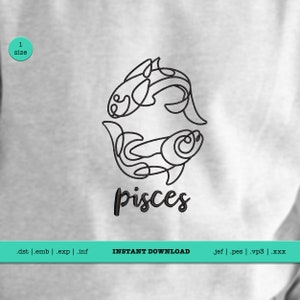 May include: Black and white line art design of two fish swimming in a circle with the word "pisces" written below. The design is on a white background.