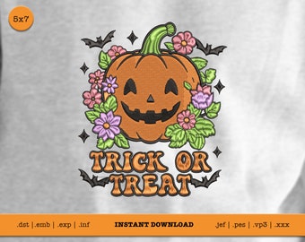Trick or Treat-borduurontwerp | Borduurontwerp pompoen | Halloween machineborduurbestand | Girly Halloween-ontwerp voor meisjes | 5x7