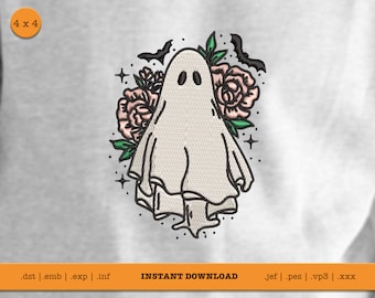 Cute Ghost Embroidery Design for Halloween | Trendy Embroidery file | 4x4 PES | Ghosts with Flowers Halloween Embroidery Design