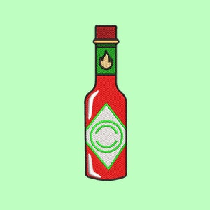 May include: A red hot sauce bottle with a green label and a white diamond shape with a green circle inside. The label has a flame icon on it.