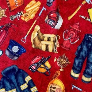 May include: A red background is covered with illustrations of firefighter equipment. Items include a fire helmet, jacket, boots, fire hose, axe, and a fire hydrant. The word "FIRE" is visible on several items.