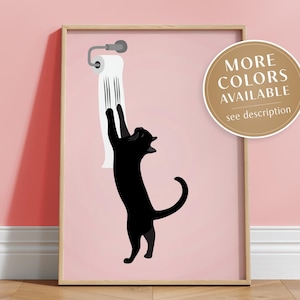 Stampa artistica da parete con gatto in bagno, carta igienica con gatto nero, poster divertente per il bagno, arte per il bagno, arte murale rosa preppy, arredamento per dormitori, DOWNLOAD DIGITALE