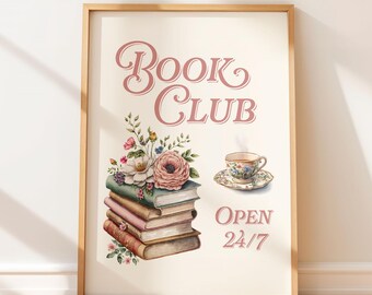 Fancy Book Club Poster, Bookish Wall Art Vintage, Cozy Book Nook Decor, Cute Book Lover Print, Floral Book Stack Art, DIGITAL DOWNLOAD