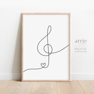 Heart Treble Clef Line Art / Minimalista Musica Wall Art / Musicista Regalo / Musica Semplice Arte / Poster di Musica Moderna / Arte Digitale Stampabile