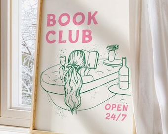 Book Club Open 24/7 Print, Bookish Poster Retro, Trendy Reading Poster, Book Lover Gift, Bathtub Art, Cute Book Nook Decor, DIGITAL DOWNLOAD