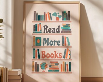 Read More Books Poster, Retro Wall Art, Bookish Print, Bookshelf Decor, Book Lover Gift, Cute Reading Nook Decor, Printable DIGITAL DOWNLOAD