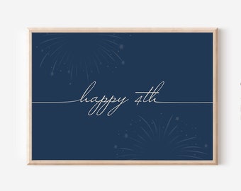 Arte de parede para impressão de Feliz 4 de Julho, decoração minimalista para o 4 de Julho, impressão azul-marinho do Dia da Independência, arte de fogos de artifício para o 4 de Julho, DOWNLOAD DIGITAL