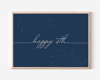 Happy 4th Printable Wall Art, Minimalist Fourth of July Decor, Navy Blue Independence Day Art Print, July 4th Fireworks Art DIGITAL DOWNLOAD