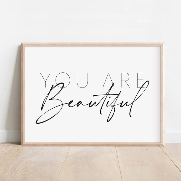 You Are Beautiful Wall Art, Positive Affirmations Poster, Bathroom Decor, Self Love Printable Wall Art, Horizontal Print, DIGITAL DOWNLOAD