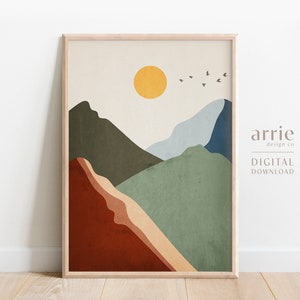 Sun Mountain Wall Art, Minimalist Mountain Wall Art, Calm Mountains Poster, Sun Landscape Art Print, Cabin Wall Decor, DIGITAL DOWNLOAD