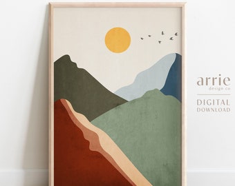 Sun Mountain Wall Art, Minimalist Mountain Wall Art, Calm Mountains Poster, Sun Landscape Art Print, Cabin Wall Decor, DIGITAL DOWNLOAD