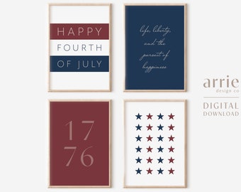 Conjunto de 4 artes de parede para impressão de 4 de julho, decoração patriótica moderna, placa de Feliz 4 de julho de 1774, pacote de arte para o Dia da Independência, DOWNLOAD DIGITAL