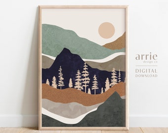 Boho Mountain Art Print, Abstract Mountains and Trees, Landscape Wall Art, Cabin Decor, Mid Century Modern Decor, Digital Printable Art